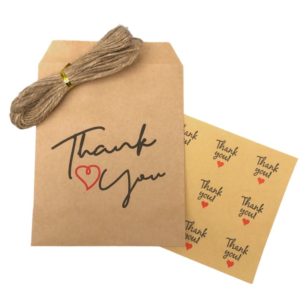 Pungi dreptunghiulare cu sfoară și sticker model Thank You (set 25 buc) 13x18cm - CraftUp