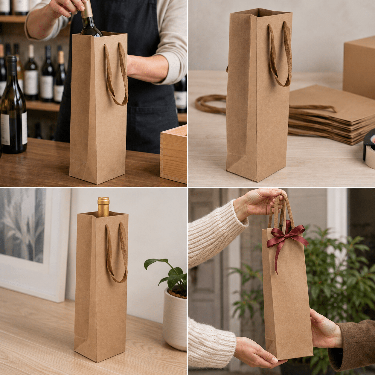 Pungi kraft cu mâner textil pentru o sticlă (set 10 buc) - CraftUp