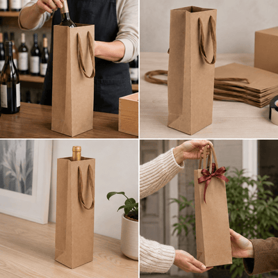 Pungi kraft cu mâner textil pentru o sticlă (set 10 buc) - CraftUp