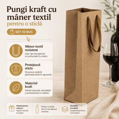 Pungi kraft cu mâner textil pentru o sticlă (set 10 buc) - CraftUp