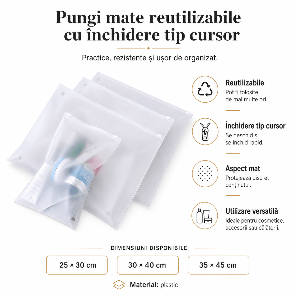Pungi mate reutilizabile cu închidere tip cursor (set 50 buc) - CraftUp