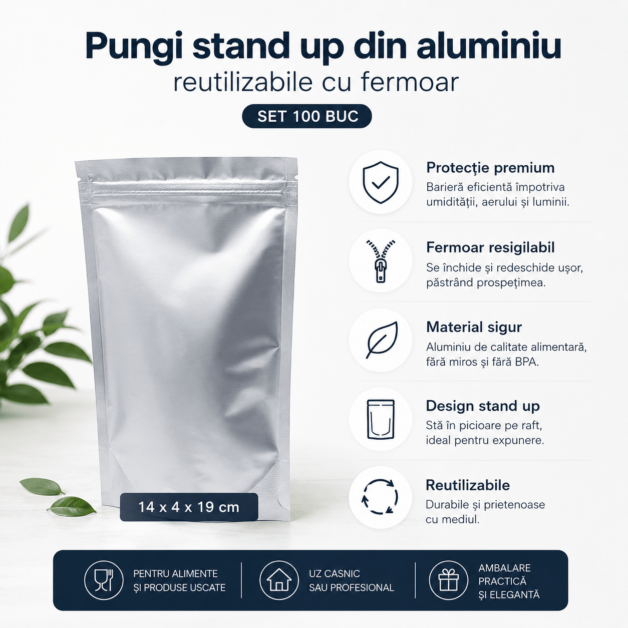 Pungi stand up din aluminiu cu fermoar resigilabil (set 100 buc) - CraftUp