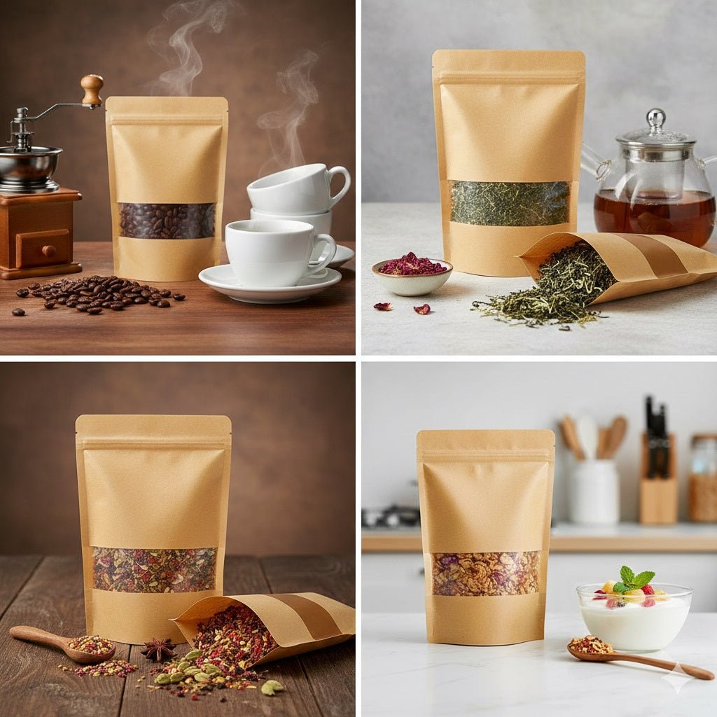 Pungi stand up reutilizabile cu fereastră și fermoar - kraft (set 100 buc) - CraftUp