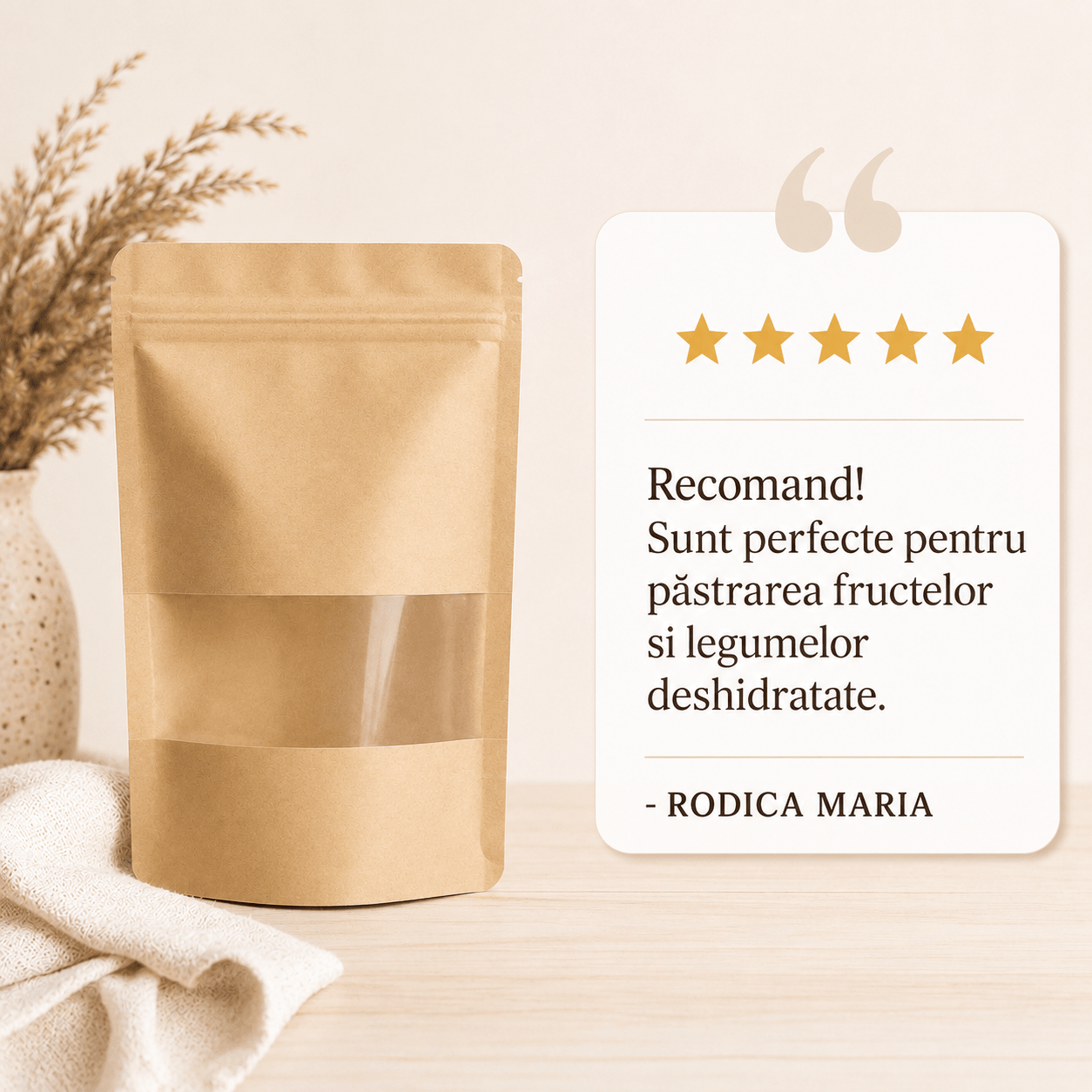 Pungi stand up reutilizabile cu fereastră și fermoar - kraft (set 100 buc) - CraftUp