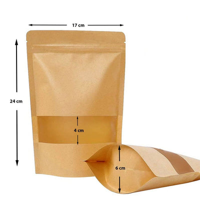 Pungi stand up reutilizabile cu fereastră și fermoar - kraft (set 100 buc) - CraftUp