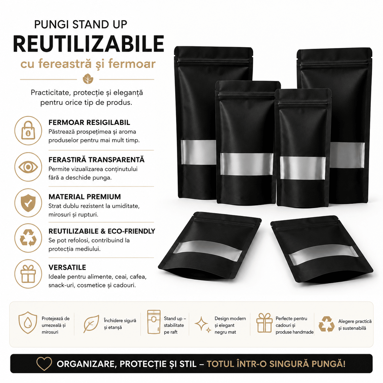 Pungi stand up reutilizabile cu fereastră și fermoar - negru (set 50 buc) - CraftUp