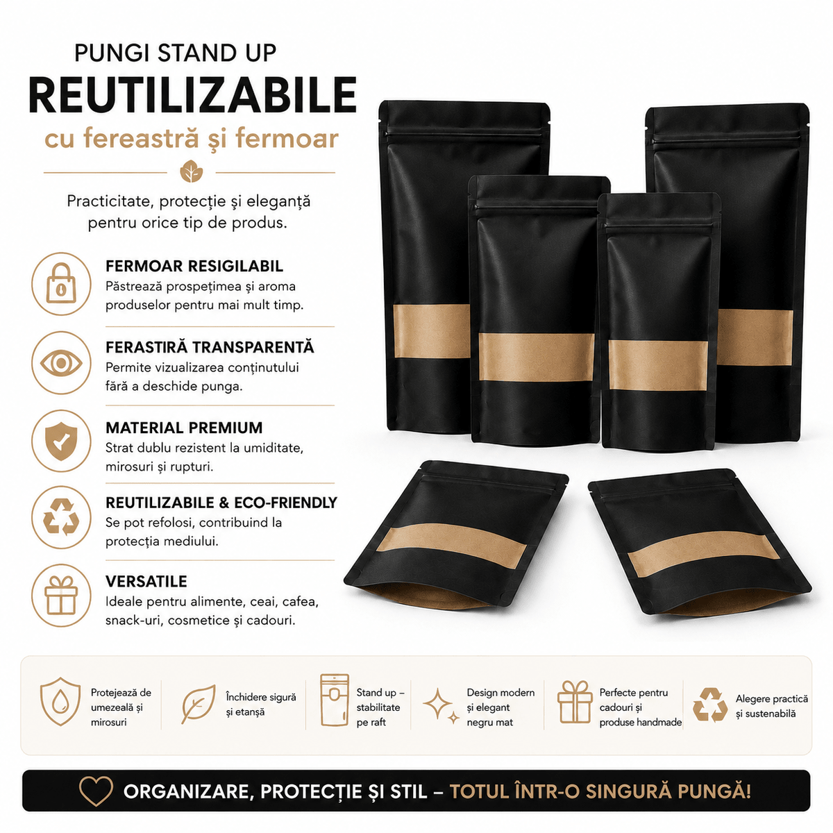 Pungi stand up reutilizabile cu fereastră și fermoar - negru (set 50 buc) - CraftUp