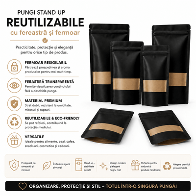 Pungi stand up reutilizabile cu fereastră și fermoar - negru (set 50 buc) - CraftUp