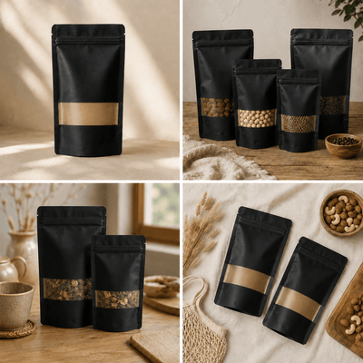 Pungi stand up reutilizabile cu fereastră și fermoar - negru (set 50 buc) - CraftUp
