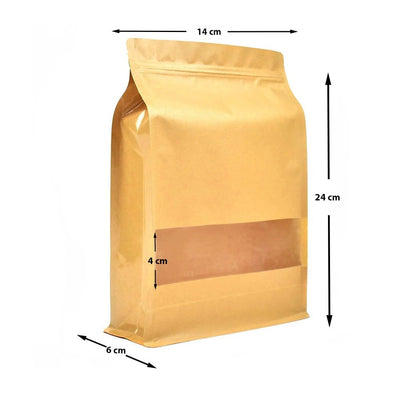 Pungi stand up reutilizabile cu fund plat, fereastră și fermoar - kraft (set 50 buc) - CraftUp