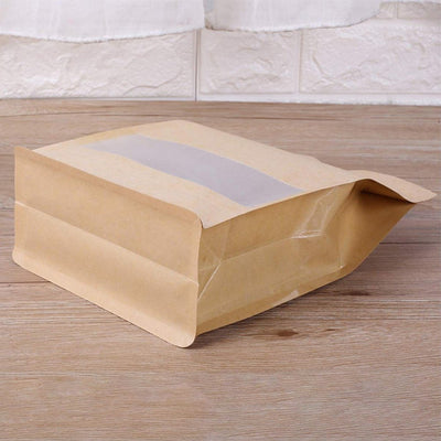 Pungi stand up reutilizabile cu fund plat, fereastră și fermoar - kraft (set 50 buc) - CraftUp