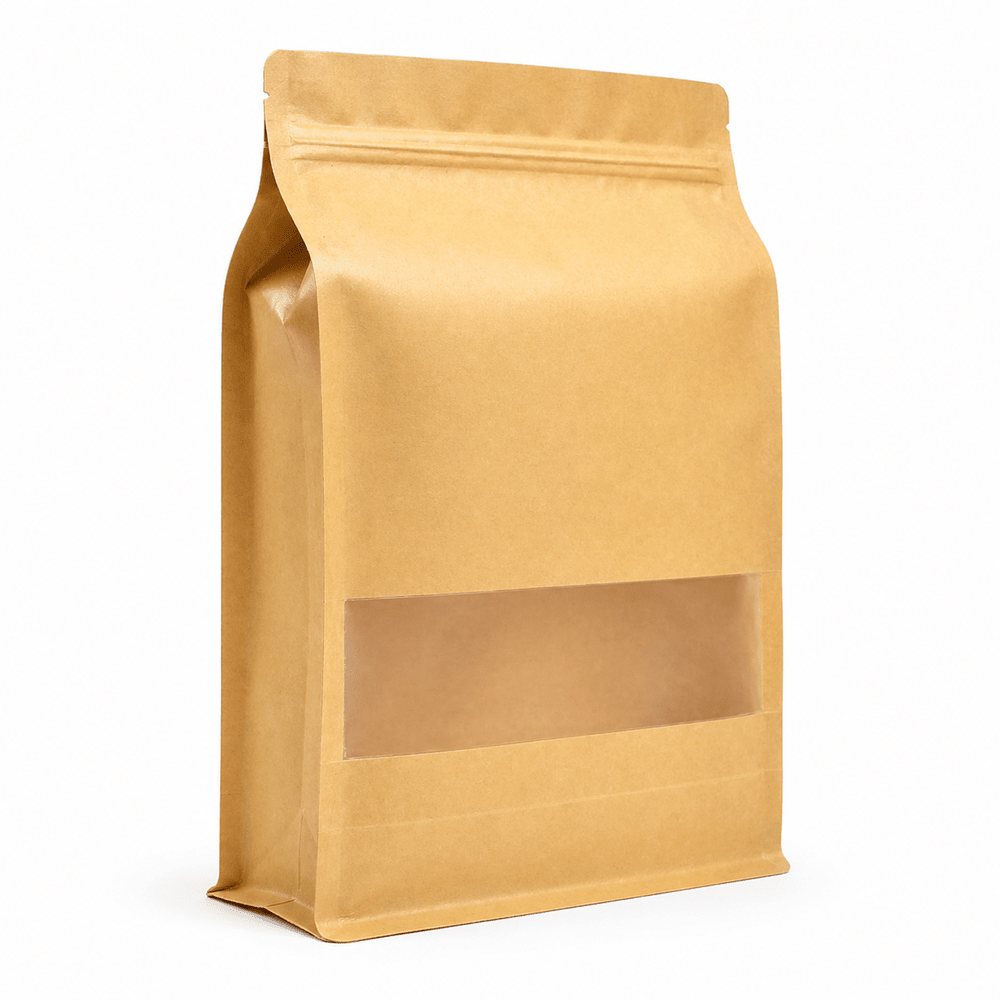 Pungi stand up reutilizabile cu fund plat, fereastră și fermoar - kraft (set 50 buc) - CraftUp