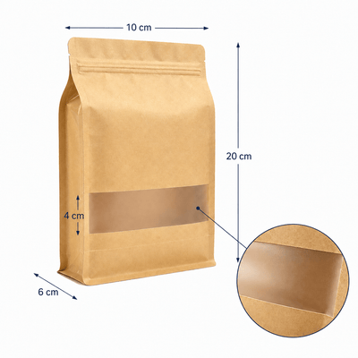 Pungi stand up reutilizabile cu fund plat, fereastră și fermoar - kraft (set 50 buc) - CraftUp