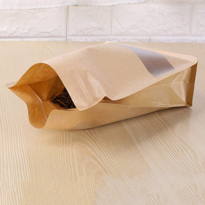 Pungi stand up reutilizabile cu fund plat, fereastră și fermoar - kraft (set 50 buc) - CraftUp