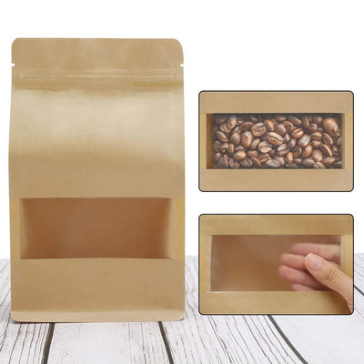 Pungi stand up reutilizabile cu fund plat, fereastră și fermoar - kraft (set 50 buc) - CraftUp