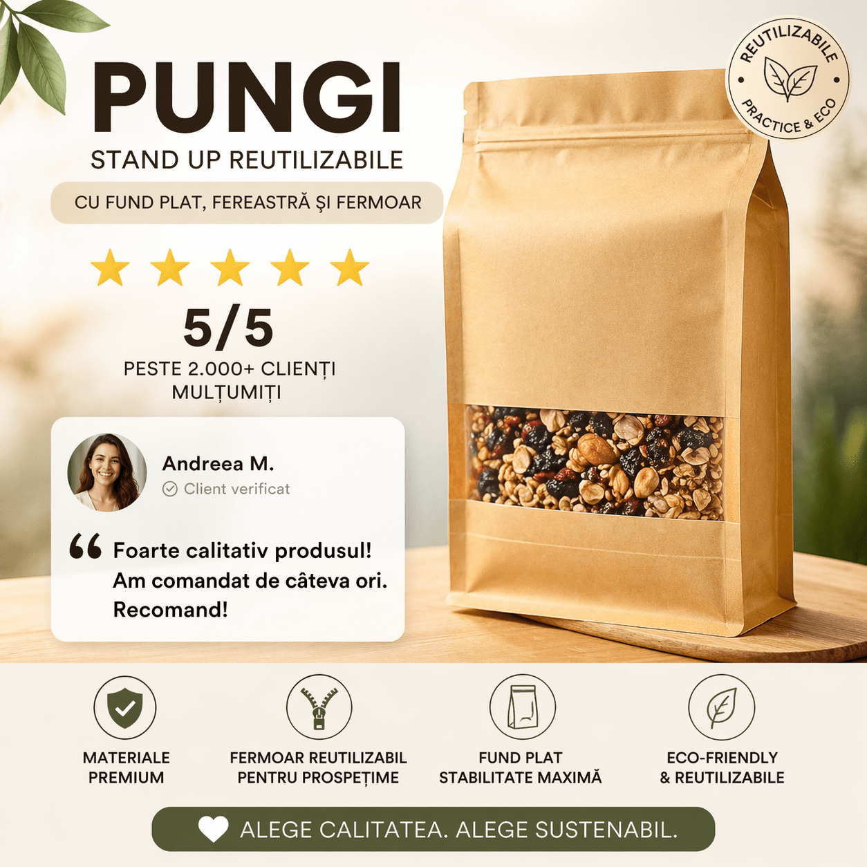 Pungi stand up reutilizabile cu fund plat, fereastră și fermoar - kraft (set 50 buc) - CraftUp