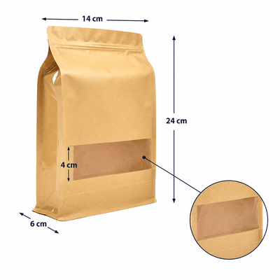 Pungi stand up reutilizabile cu fund plat, fereastră și fermoar - kraft (set 50 buc) - CraftUp