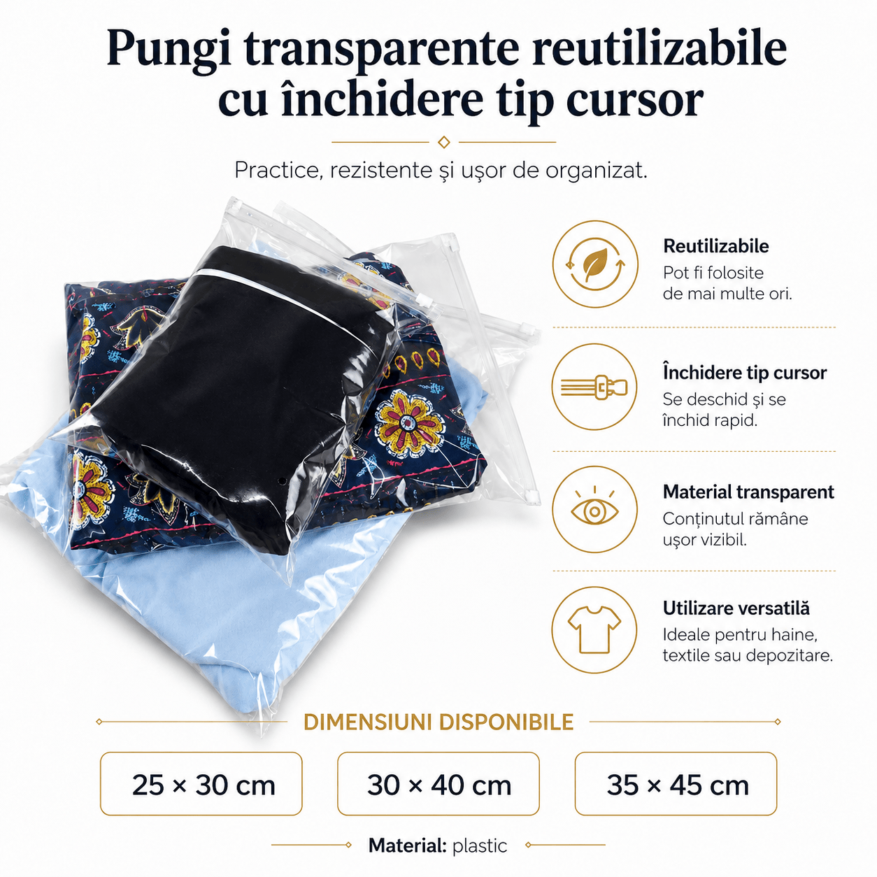 Pungi transparente reutilizabile cu închidere tip cursor (set 50 buc) - CraftUp
