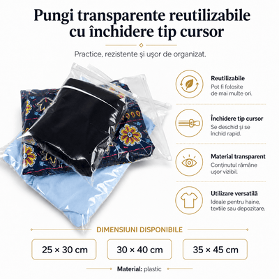Pungi transparente reutilizabile cu închidere tip cursor (set 50 buc) - CraftUp