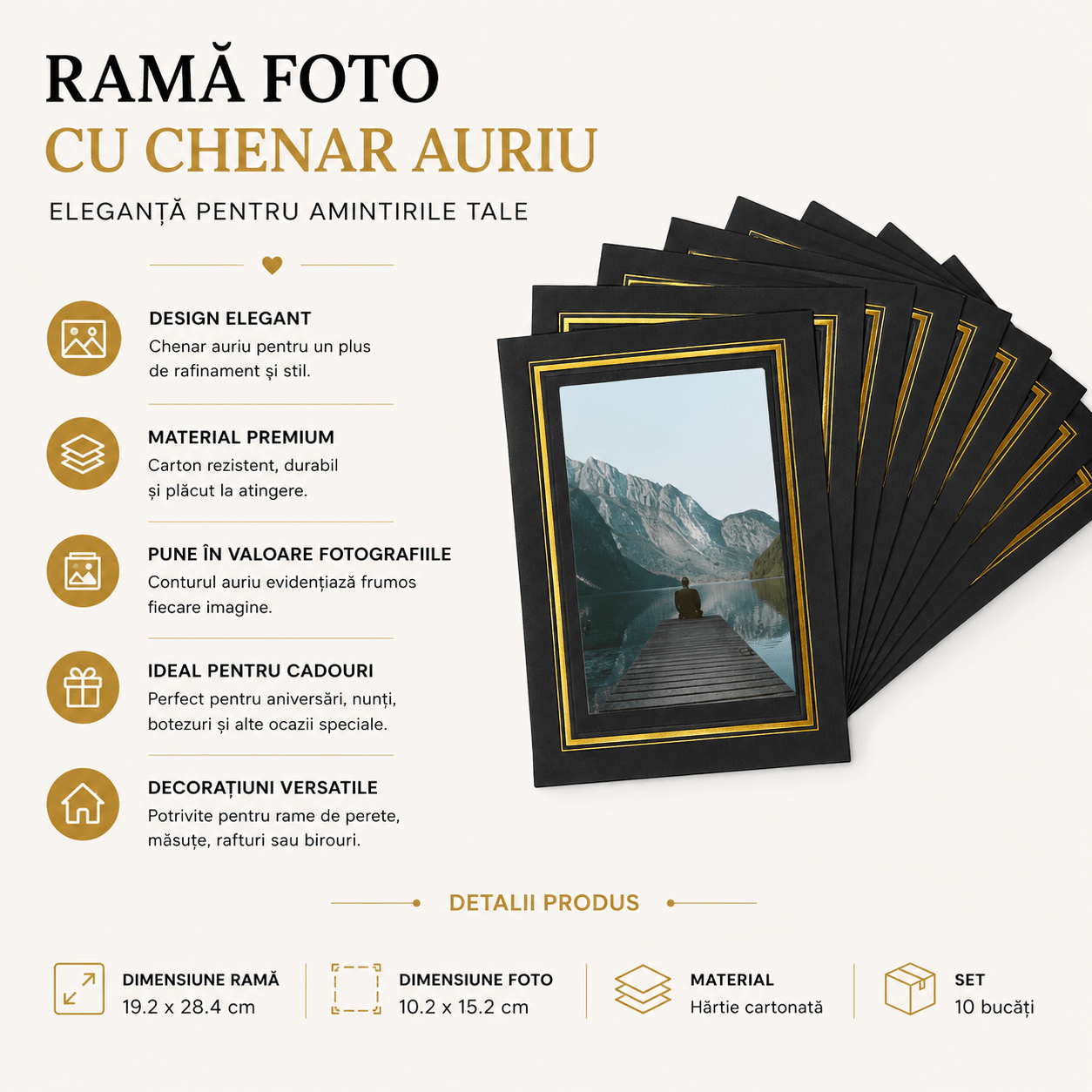 Ramă foto carton cu chenar auriu - negru (set 10 buc) - CraftUp
