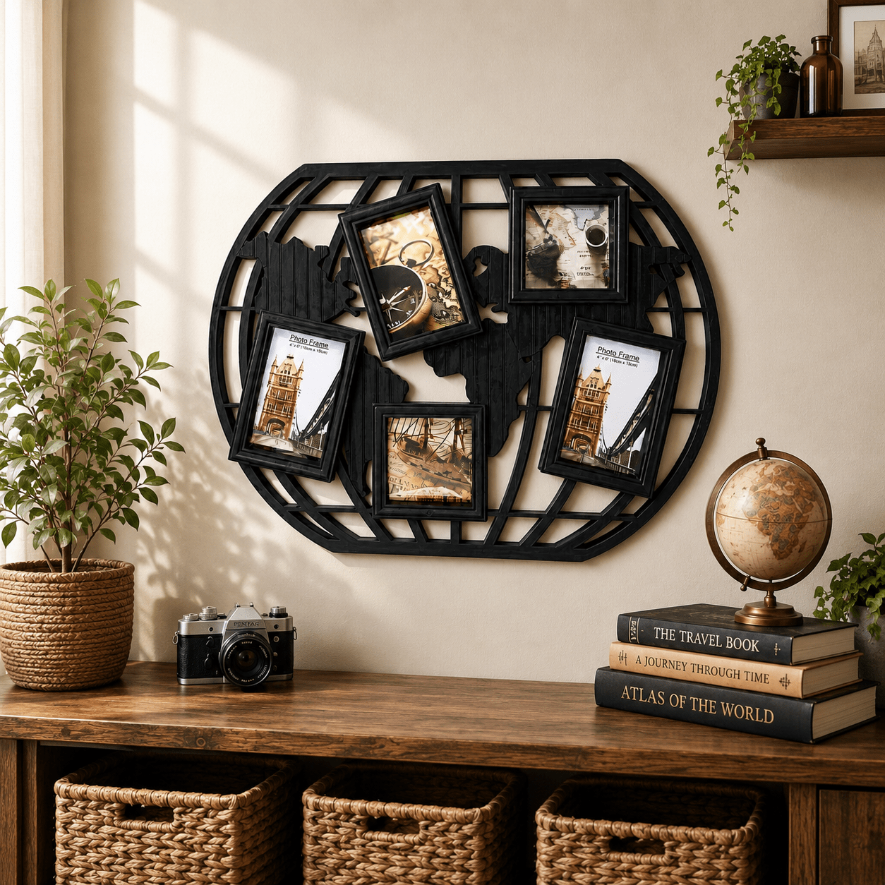 Ramă foto colaj neagră 5 poze - model Harta Lumii - CraftUp