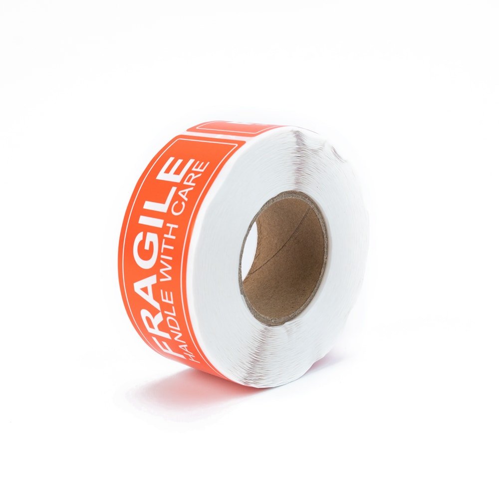 Rolă 250 stickere Fragile dreptunghiulare 2.5x7.5cm - model 1 (alb - rosu) - CraftUp