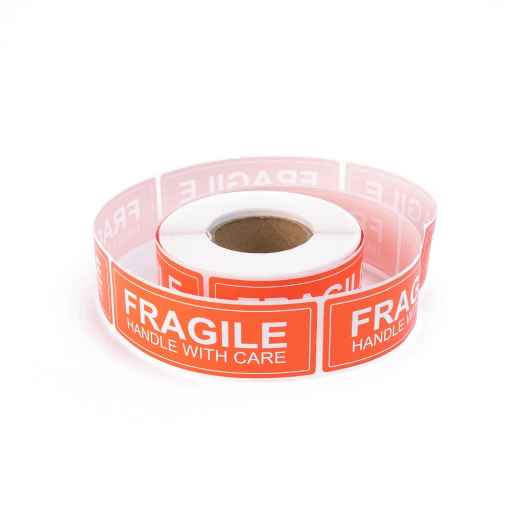 Rolă 250 stickere Fragile dreptunghiulare 2.5x7.5cm - model 1 (alb - rosu) - CraftUp