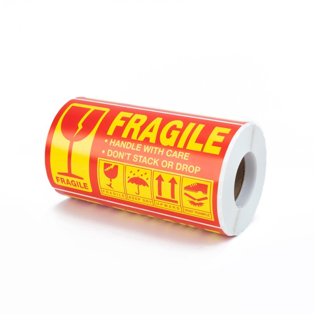 Rolă 300 stickere Fragile dreptunghiulare 12.7x7.6cm - model 3 (galben) - CraftUp