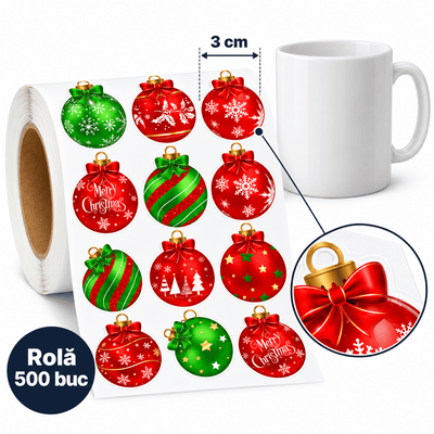 Rolă stickere de Crăciun cu globuri - multicolor (500 buc) - CraftUp