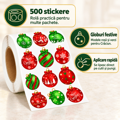 Rolă stickere de Crăciun cu globuri - multicolor (500 buc) - CraftUp