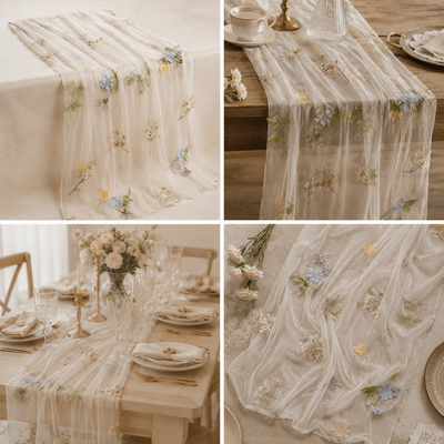 Runner masă tul cu flori brodate - beige - CraftUp
