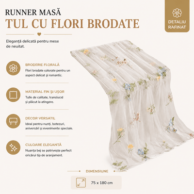 Runner masă tul cu flori brodate - beige - CraftUp