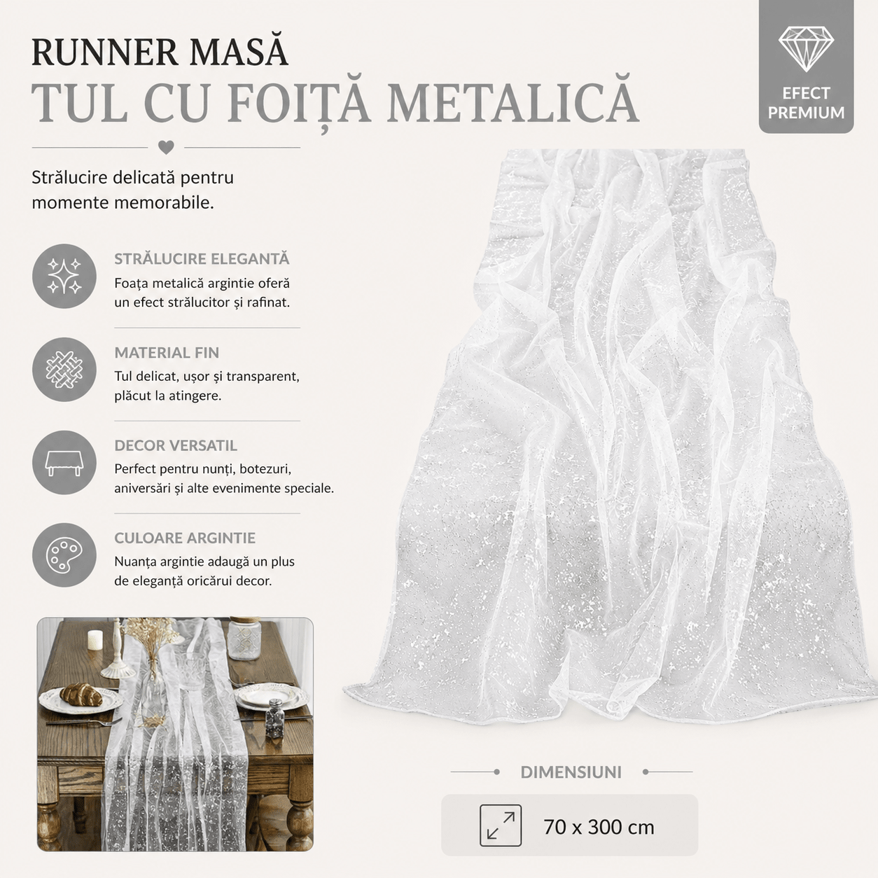 Runner masă tul cu foiță metalică - argintiu - CraftUp