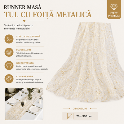 Runner masă tul cu foiță metalică - auriu - CraftUp