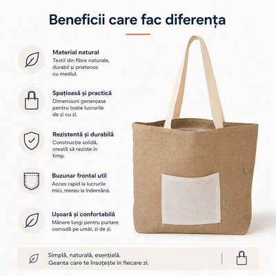 Sacoșă din iută naturală cu buzunar și fermoar - maro - CraftUp