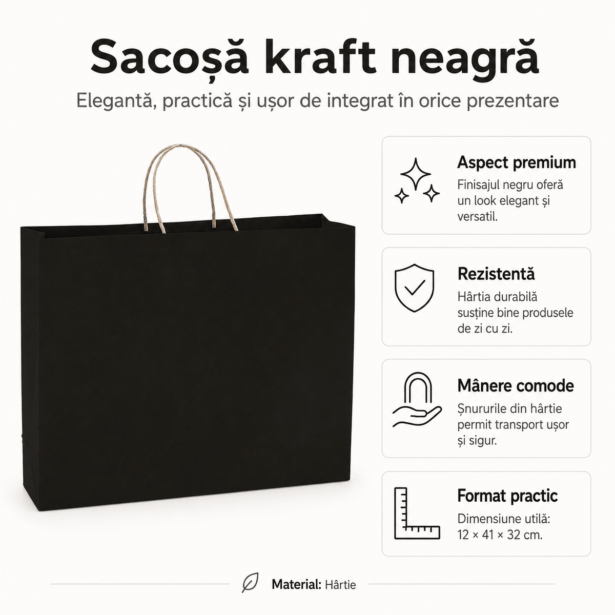Sacoșă kraft neagră 41x12x32cm - CraftUp