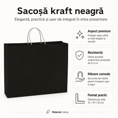 Sacoșă kraft neagră 41x12x32cm - CraftUp