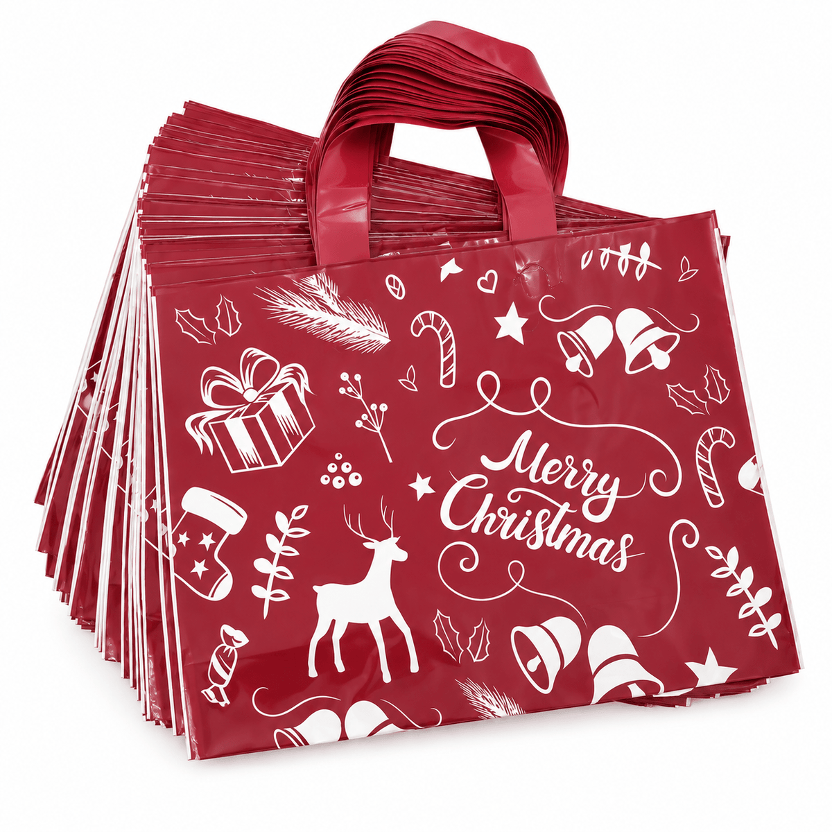 Sacoșe cadou de Crăciun cu ren și Merry Christmas - vișiniu (set 50 buc) - CraftUp