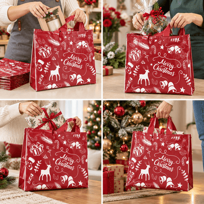 Sacoșe cadou de Crăciun cu ren și Merry Christmas - vișiniu (set 50 buc) - CraftUp