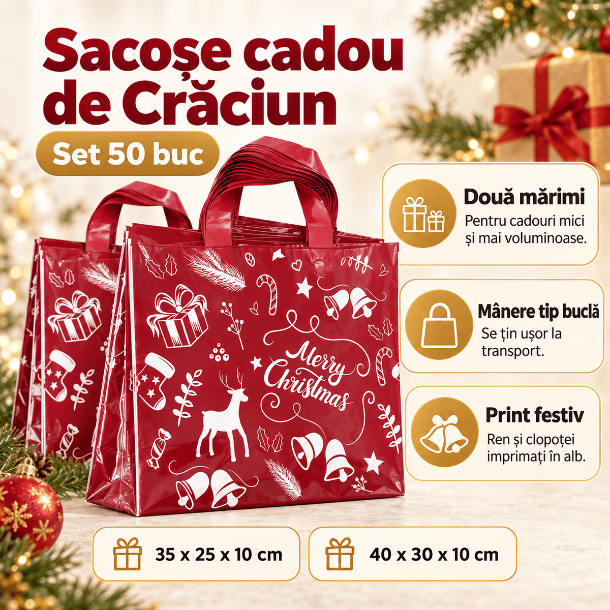 Sacoșe cadou de Crăciun cu ren și Merry Christmas - vișiniu (set 50 buc) - CraftUp