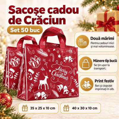 Sacoșe cadou de Crăciun cu ren și Merry Christmas - vișiniu (set 50 buc) - CraftUp
