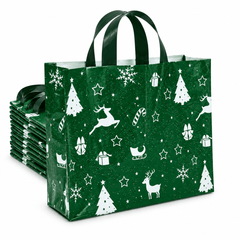 Sacoșe cadou de Crăciun cu sanie și reni - verde (set 50 buc)