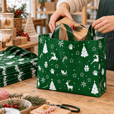 Sacoșe cadou de Crăciun cu sanie și reni - verde (set 50 buc) - CraftUp