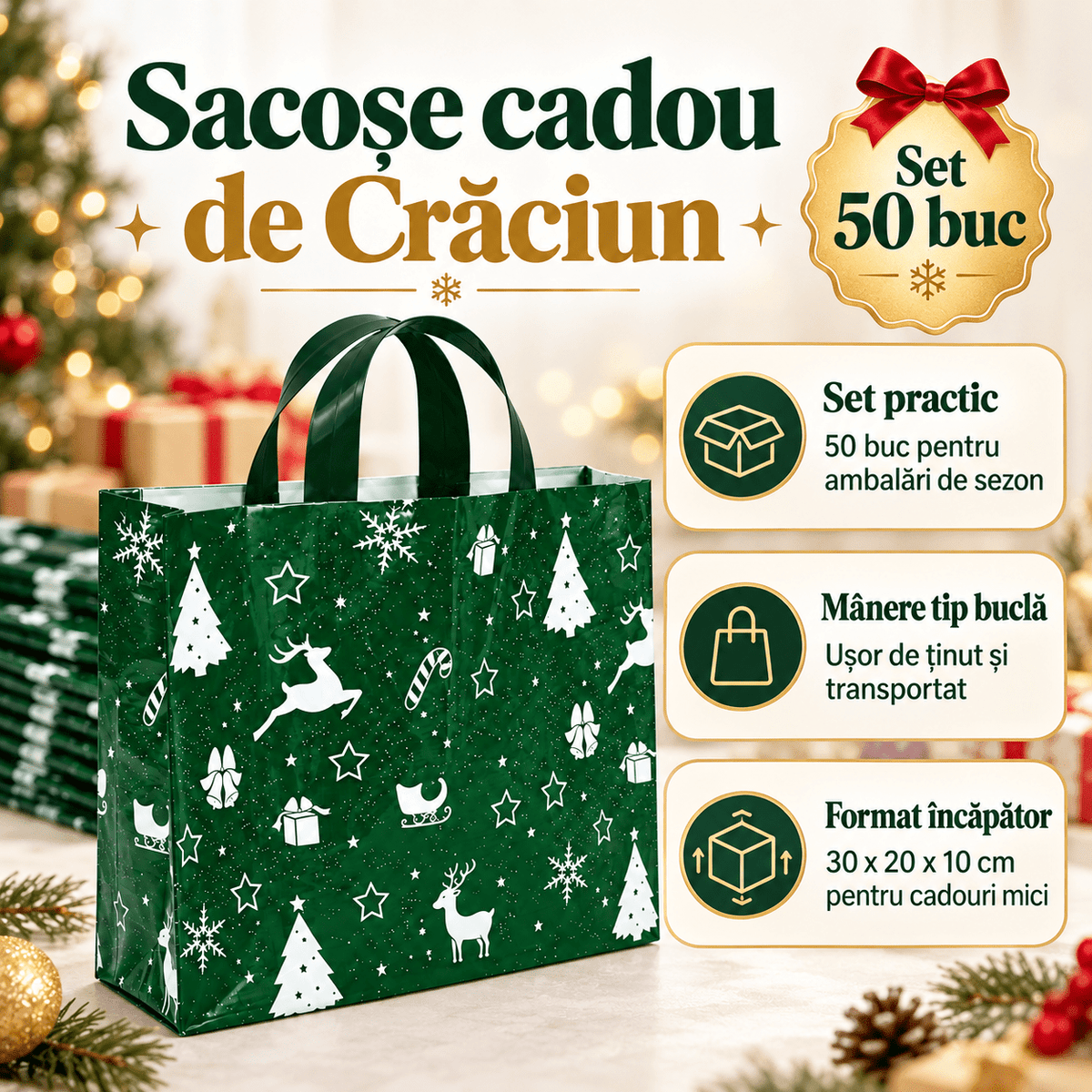 Sacoșe cadou de Crăciun cu sanie și reni - verde (set 50 buc) - CraftUp