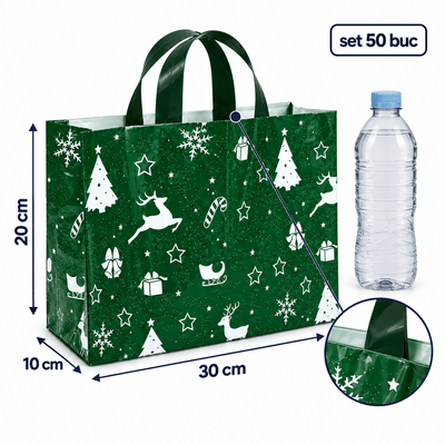Sacoșe cadou de Crăciun cu sanie și reni - verde (set 50 buc) - CraftUp