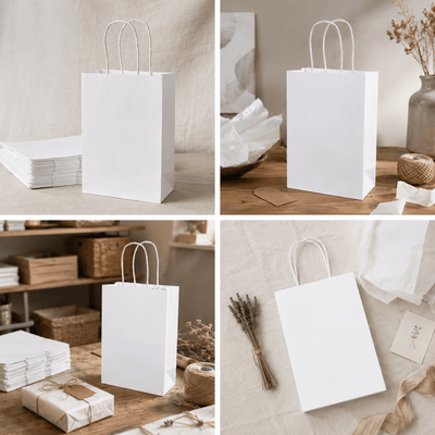 Sacoșe hârtie cu mâner răsucit - alb (set 12 buc) - CraftUp