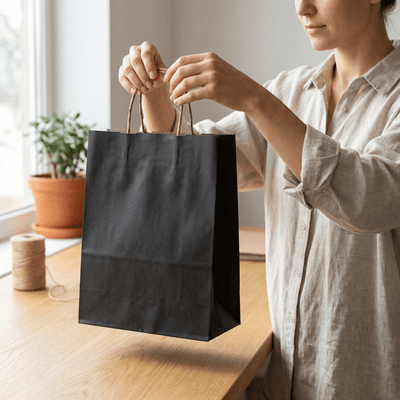 Sacoșe hârtie cu mâner răsucit - negru (set 12 buc) - CraftUp