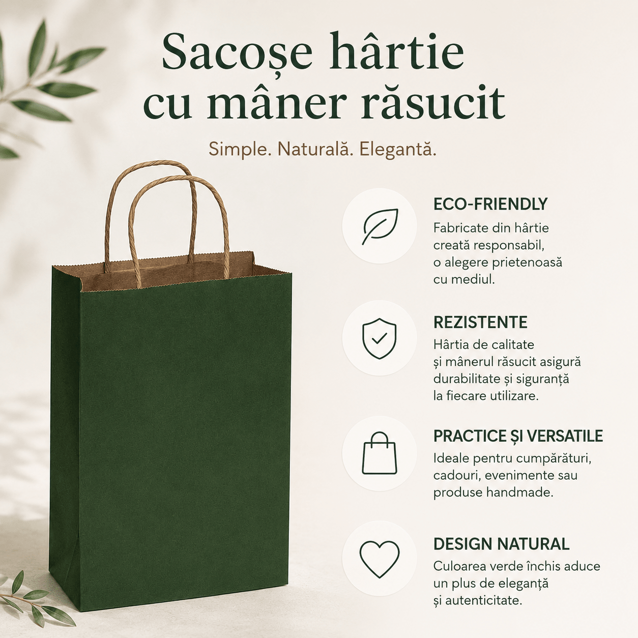 Sacoșe hârtie cu mâner răsucit - verde închis (set 12 buc) - CraftUp