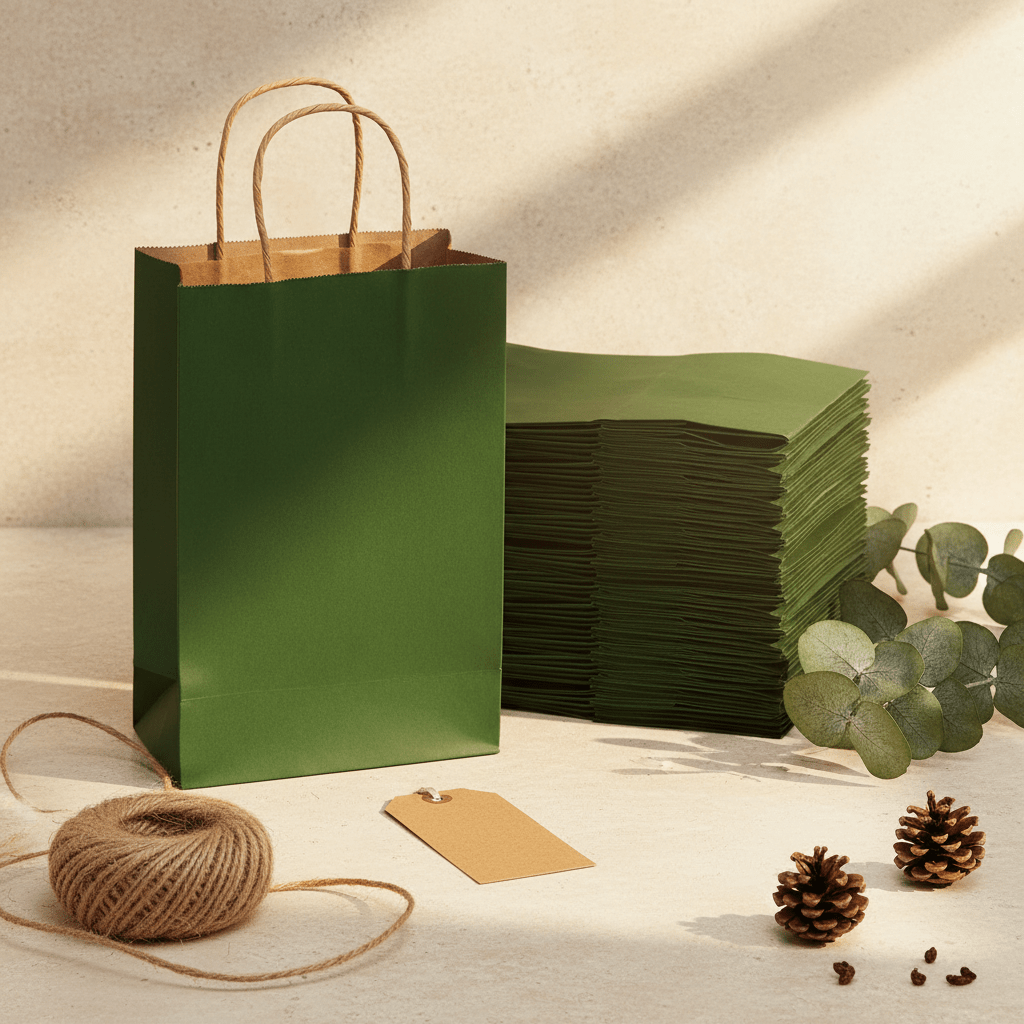 Sacoșe hârtie cu mâner răsucit - verde închis (set 12 buc) - CraftUp