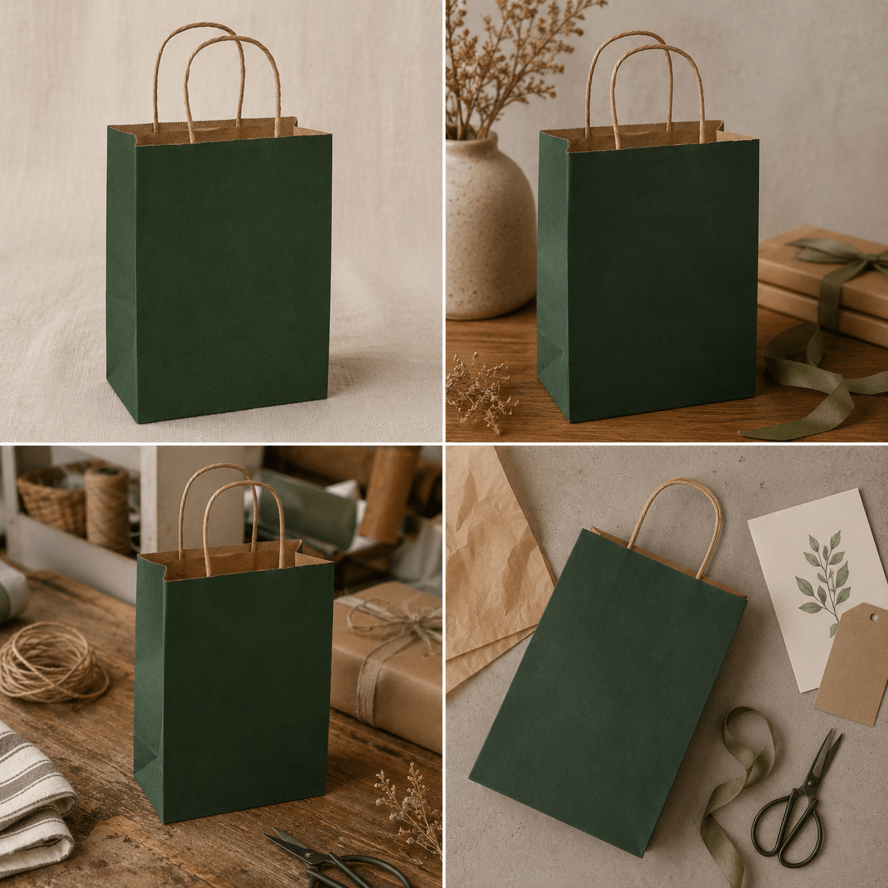 Sacoșe hârtie cu mâner răsucit - verde închis (set 12 buc) - CraftUp